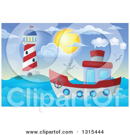 A cheerful cartoon lighthouse and red-and-white boat sailing on blue waves under a sunny sky with clouds and seagulls.