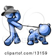 Blue stick figure in fedora walking a blue dog on a leash, cartoon style.