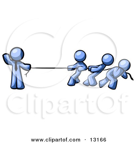 One blue figure pulling a rope against three others in a tug-of-war, symbolizing imbalance or leadership challenge.