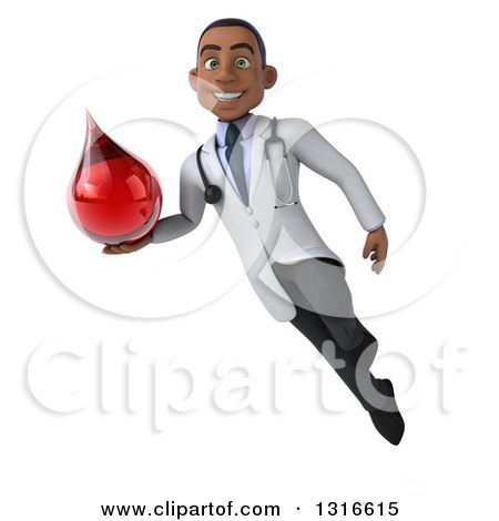 Smiling Black doctor in white coat running while holding a large red blood drop.