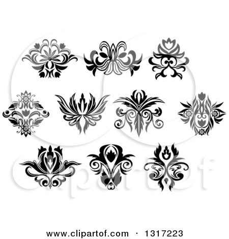 Collection of nine black-and-white ornamental floral and damask vector designs on white background.