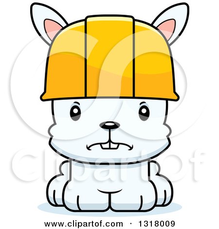 A cartoon white bunny wearing a yellow construction hard hat with a worried expression.