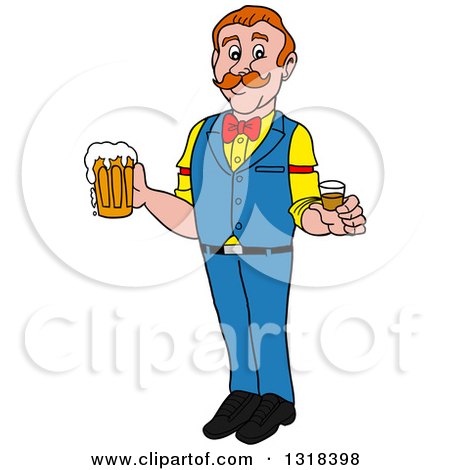 Cheerful cartoon bartender with mustache holding a frothy beer mug and a shot glass.