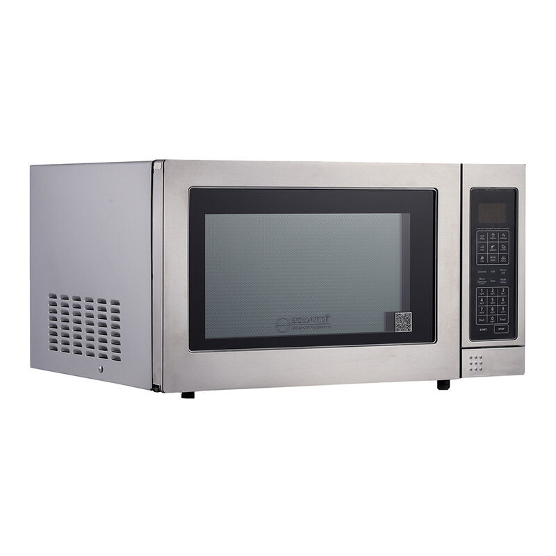 Stainless steel countertop microwave oven with digital control panel and vented side panel.