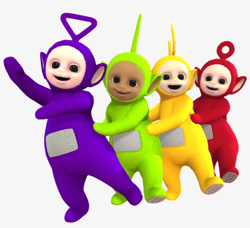 Four colorful Teletubbies characters-purple, green, yellow, and red-posing cheerfully with their signature antennas.