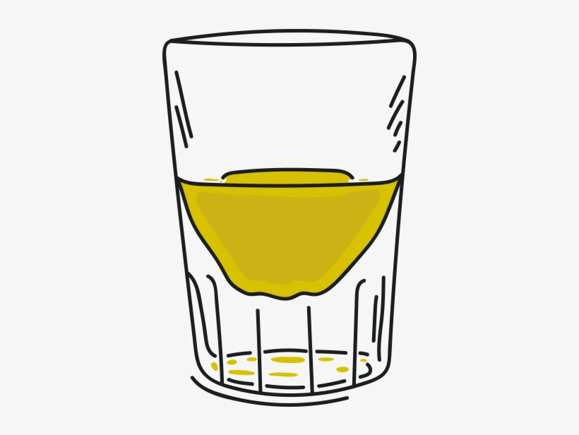 Hand-drawn illustration of a rocks glass with amber-colored liquid, likely whiskey or bourbon, and ice cubes at the bottom.