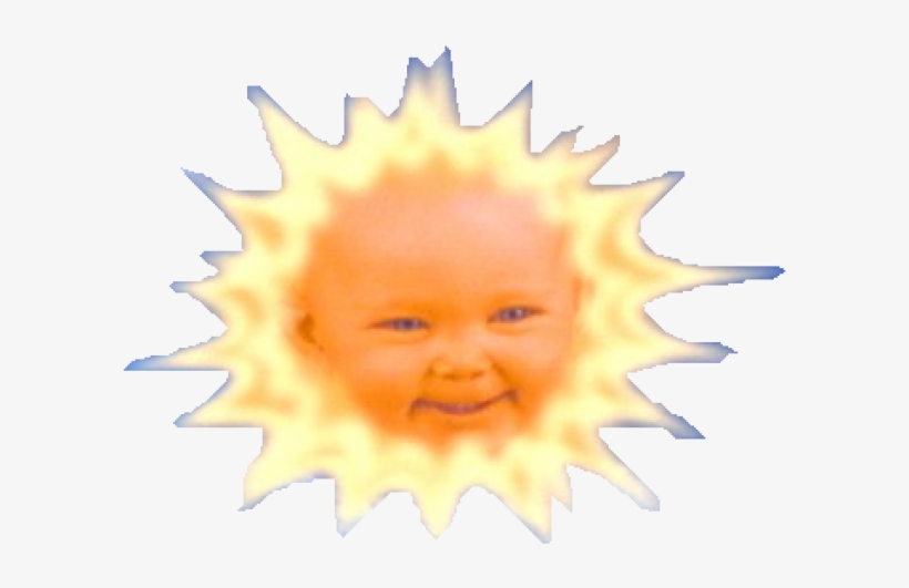 Smiling baby face at the center of a radiant sunburst with warm yellow-orange glow and jagged rays.