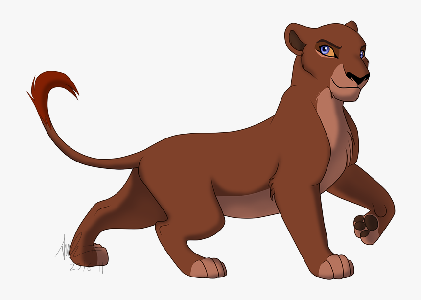 A stylized brown lioness with blue eyes, walking confidently in a side profile pose, inspired by Disney animation.