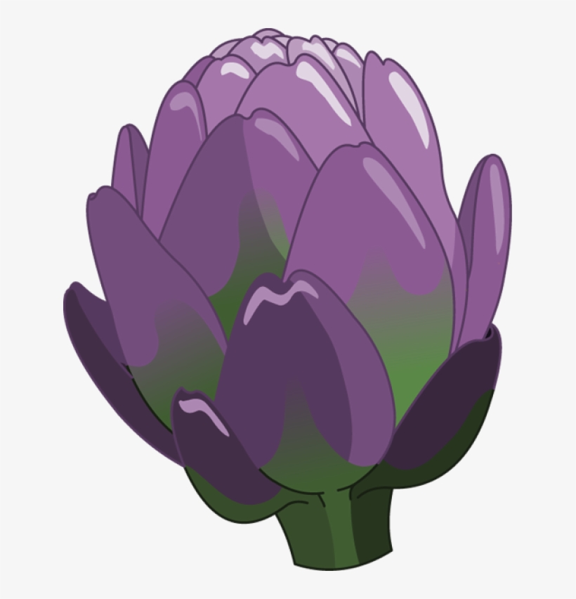 A stylized purple artichoke with green base and glossy petals, illustrated in vibrant cartoon style.