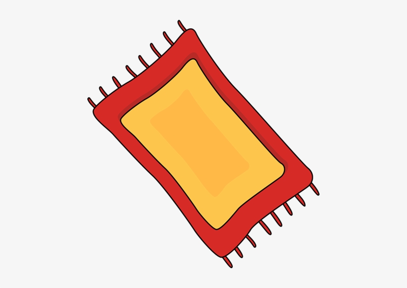 A colorful cartoon-style rectangular rug with a red border, yellow center, and fringed edges.