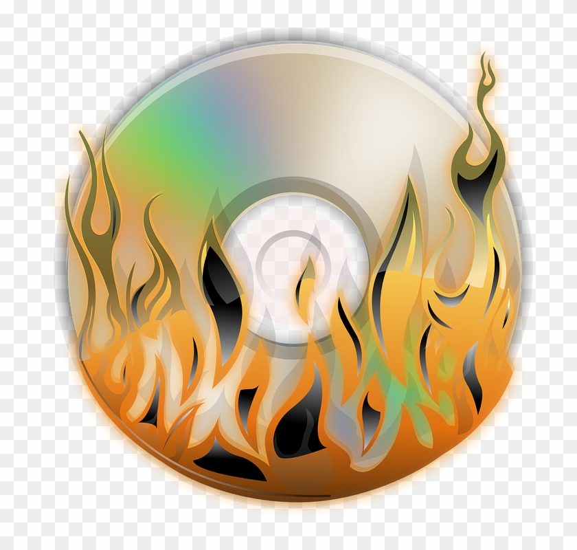 A CD or DVD disc engulfed in stylized orange and yellow flames with iridescent rainbow reflections on its surface.