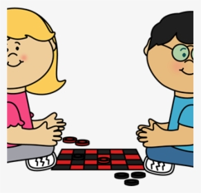 Two children playing checkers on a red-and-black board with flat discs.