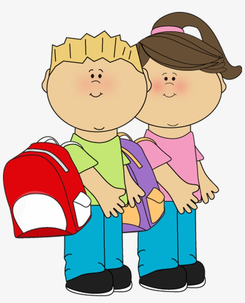 Two smiling cartoon children, boy and girl, holding backpacks, ready for school.
