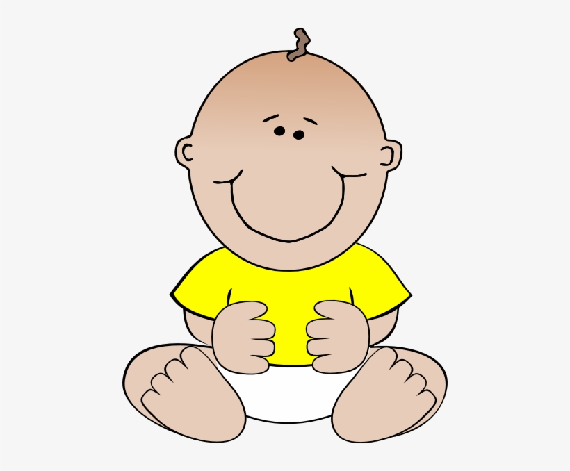 Smiling cartoon baby in yellow shirt and diaper, sitting cross-legged with hands on belly.