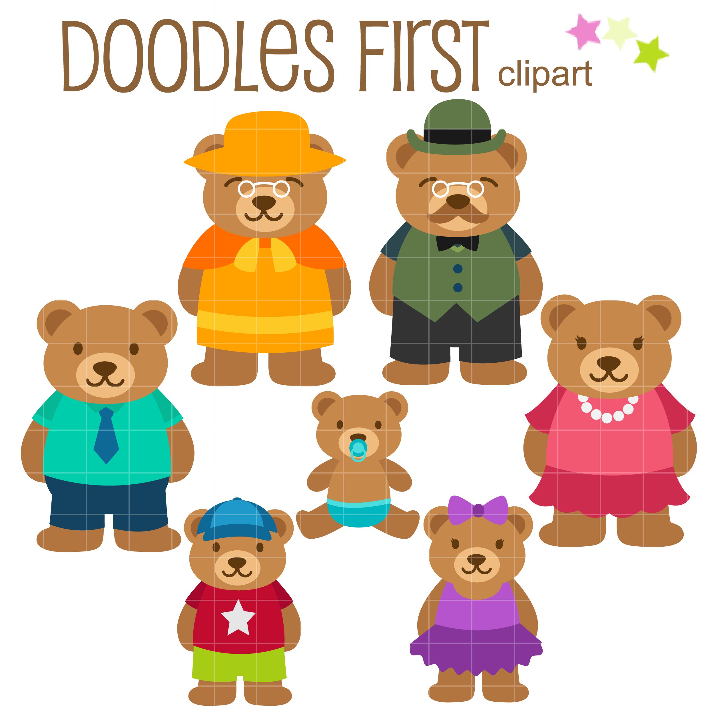 A collection of cute cartoon teddy bears in various outfits, including a baby bear with a pacifier, a bear in a blue cap, a bear in a pink dress, a bear in a green hat, a bear in a yellow hat, a bear in a teal shirt with a tie, and a bear in a green vest.
