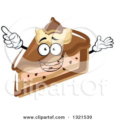Cheerful cartoon slice of chocolate cake with arms, pointing and smiling.