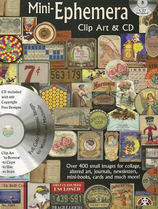 Mini-Ephemera Clip Art & CD cover featuring vintage labels, postcards, and a CD with 400+ copyright-free designs for collage and crafts.