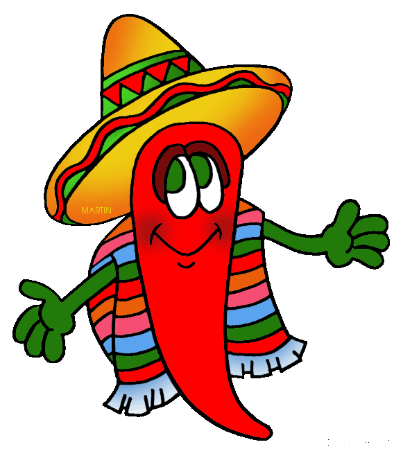 A cheerful red chili pepper cartoon wearing a sombrero and striped poncho, waving with green arms.