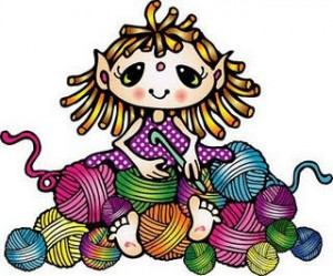 Cute cartoon girl with curly hair knitting among colorful yarn balls.