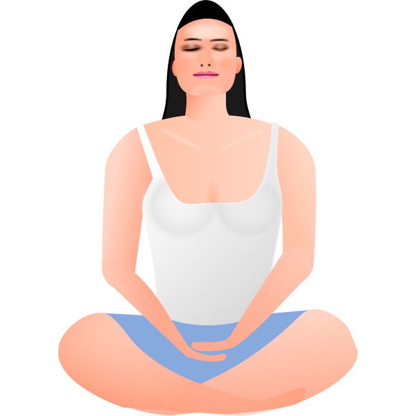 Woman meditating in lotus position with eyes closed, wearing white tank top and blue shorts.