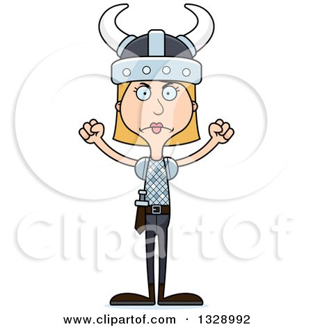 Cartoon Viking woman with horned helmet, arms raised in determination or frustration.