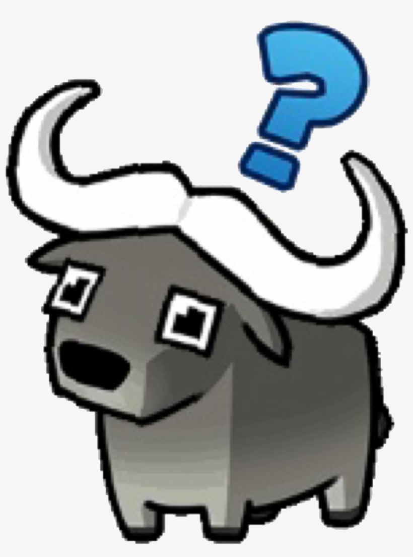 Pixel-art buffalo with large white horns and a blue question mark above its head, expressing confusion.