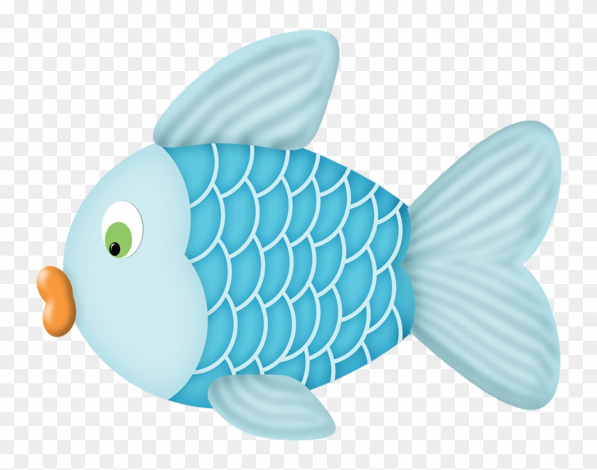 Cute light blue cartoon fish with green eye, orange mouth, and scaled body on transparent background.