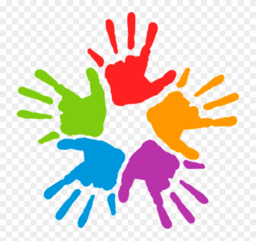 Five colorful handprints arranged in a circle-red, green, orange, blue, and purple-symbolizing unity, diversity, and creativity.