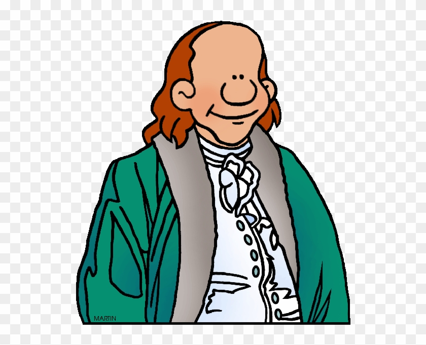 Cartoon illustration of Benjamin Franklin in 18th-century attire with green coat and white cravat, smiling warmly.