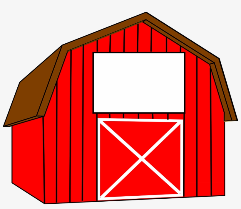 Red barn with brown roof and white X-door, classic farm structure illustration.
