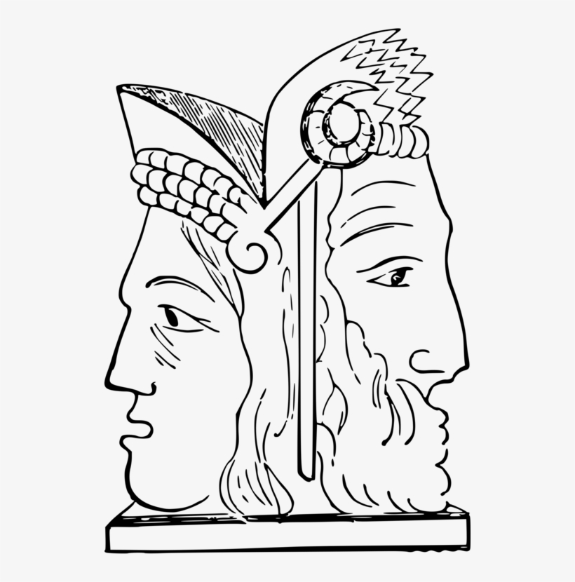 Black-and-white line drawing of a Janus-like dual-faced sculpture with cornucopia, crescent moon, and lightning motifs.