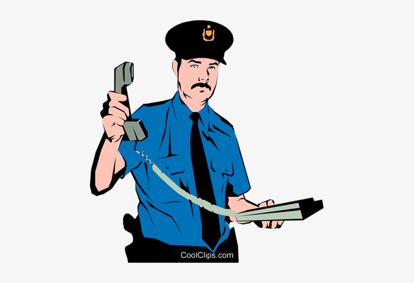 Police officer in blue uniform holding telephone receiver and notepad, cartoon illustration.