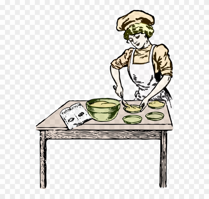 A vintage-style illustration of a woman in an apron and chef’s hat mixing batter at a wooden table with bowls, plates, and a cookbook.