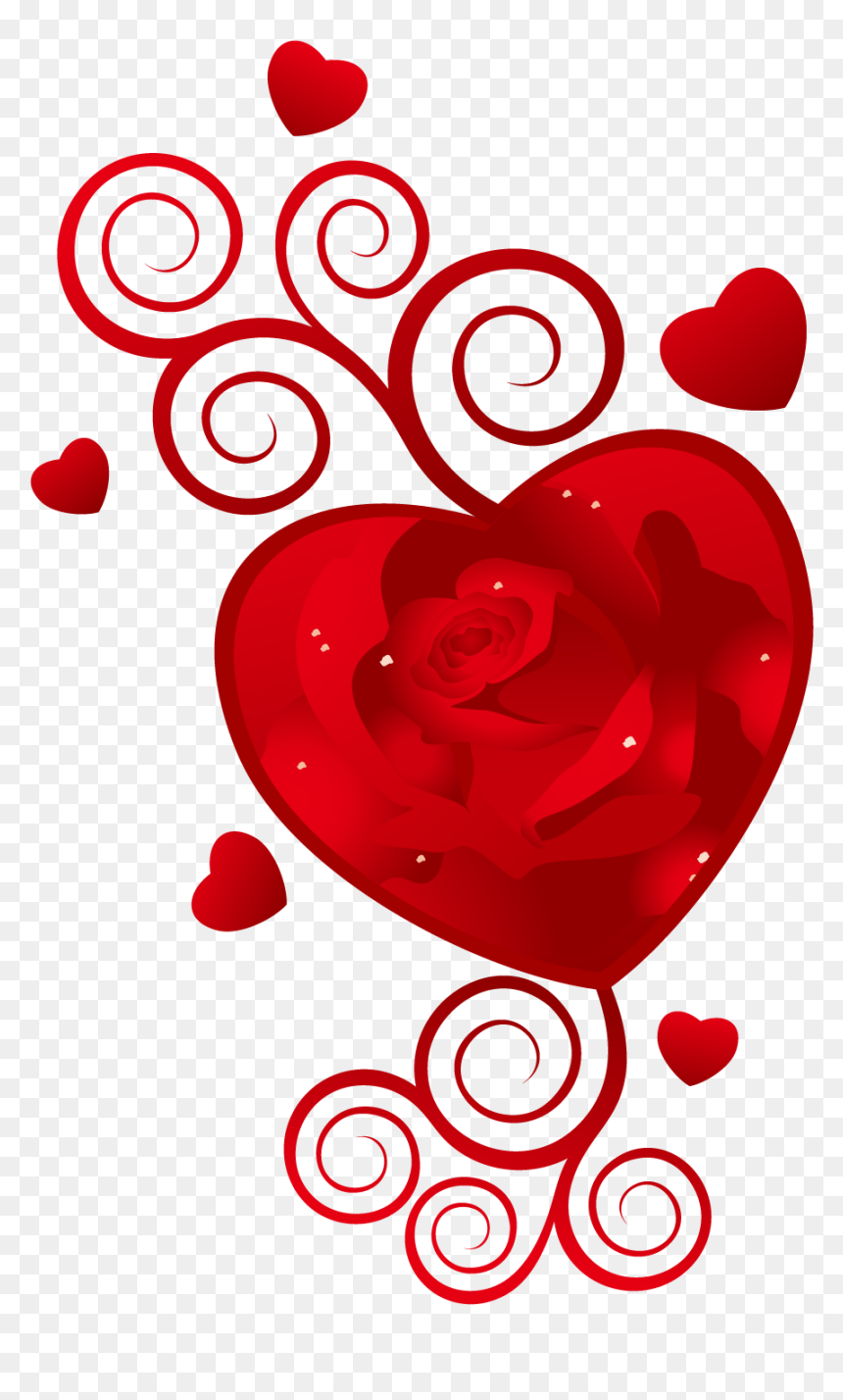 Red heart with rose inside, surrounded by swirls and floating hearts on transparent background.