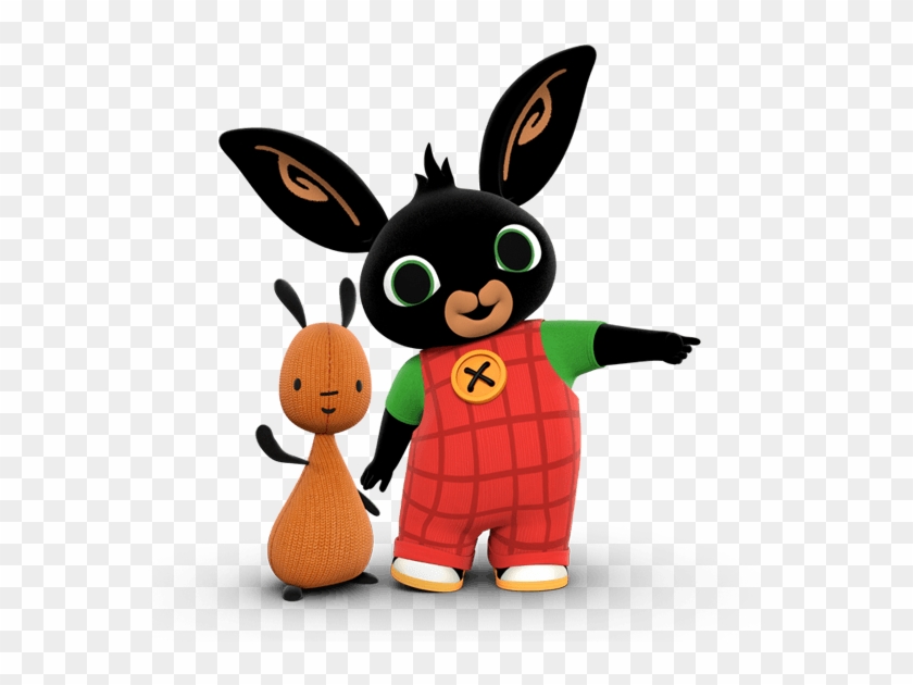 Bing the black rabbit in red overalls pointing, with his friend Sula the orange knitted creature beside him.