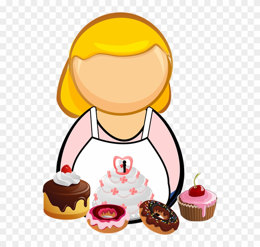 Cartoon baker with blonde hair and apron surrounded by cakes, cupcakes, and donuts.