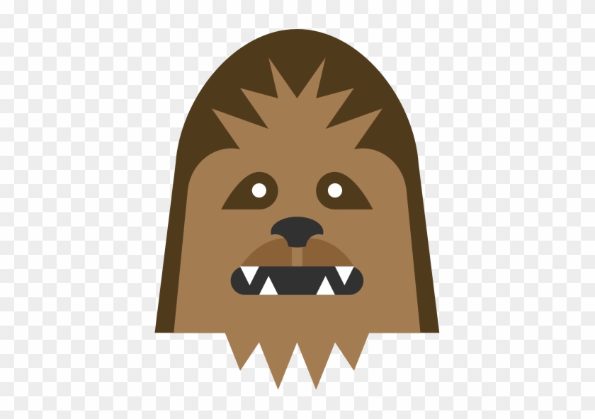 Flat-style cartoon illustration of Chewbacca’s face with brown fur, white eyes, and sharp teeth.