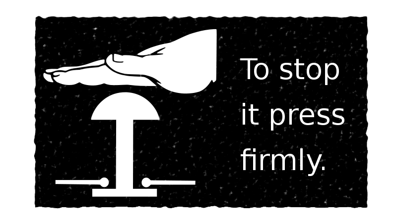 A white pictogram showing a hand pressing down firmly on an emergency stop button against a black background.