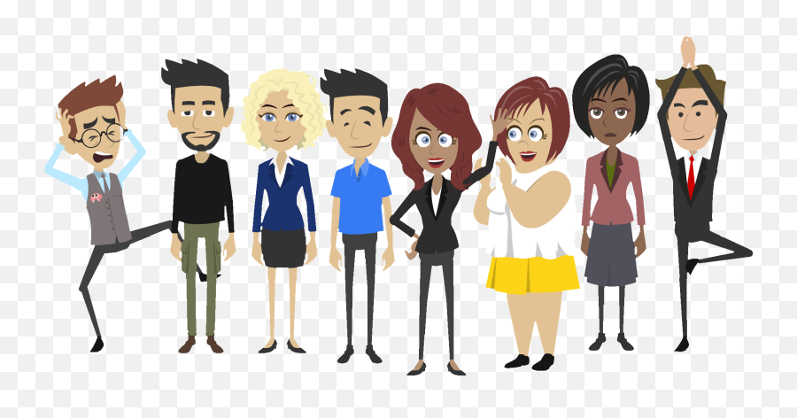 Eight diverse cartoon business professionals in varied poses and attire, conveying teamwork, stress, confidence, and humor.