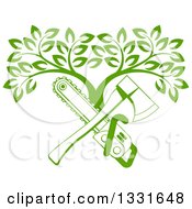 Green tree with crossed axe and chainsaw forming a heart shape, symbolizing sustainable forestry or eco-conscious logging.