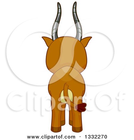 Cartoon antelope viewed from behind, with curved horns, brown fur, and a red tail tuft.