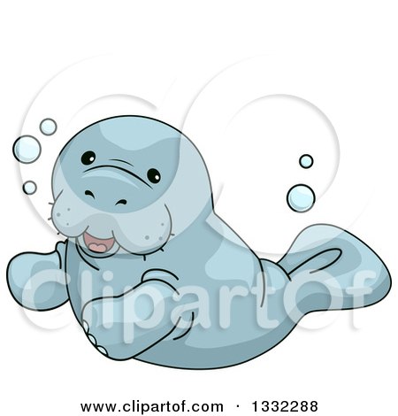 Cute cartoon manatee swimming underwater with bubbles and a happy expression.