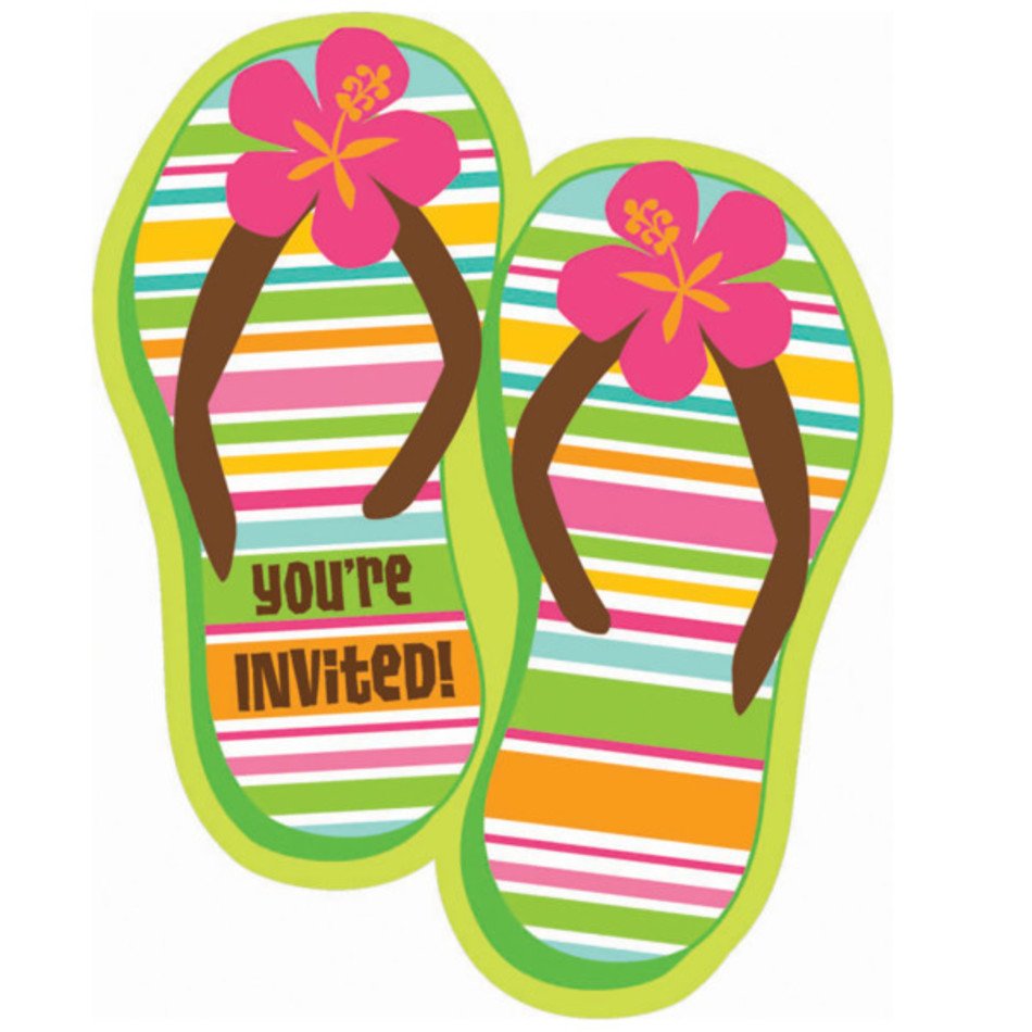 Colorful striped flip-flops with pink hibiscus flowers and "you're INVITED!" text.