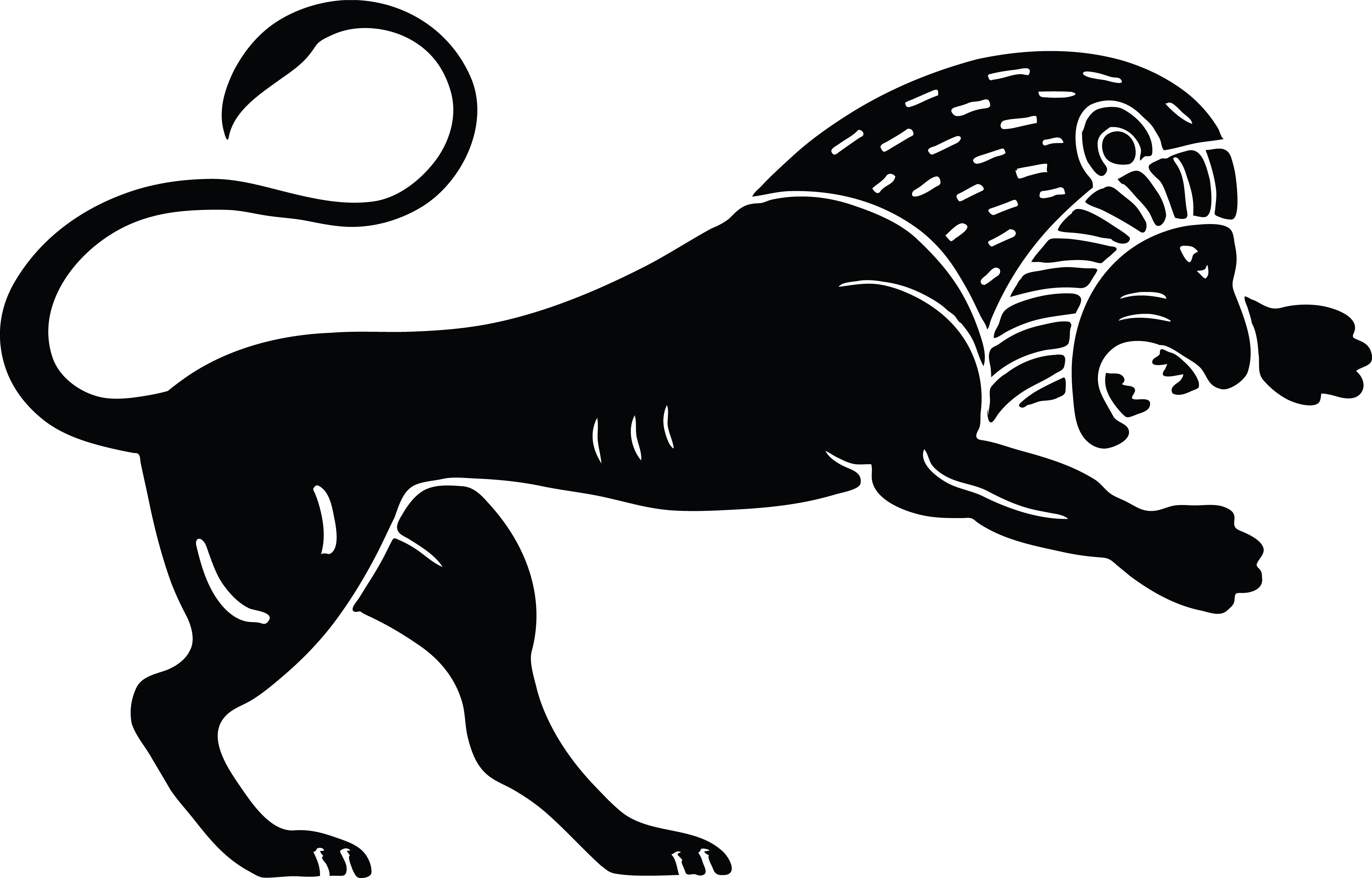 Stylized black heraldic leopard in rampant pose with ornate head and curled tail, white line details on white background.