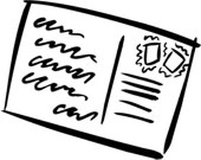 Hand-drawn sketch of a postcard with scribbled message, address lines, and two stamps on the right side.