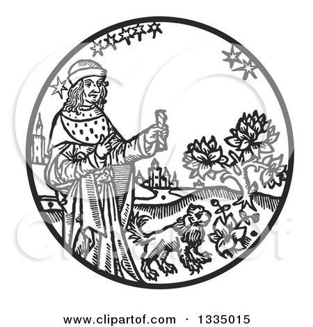Medieval figure holding a scroll beside flowers, dog, and distant castle in circular woodcut-style illustration.