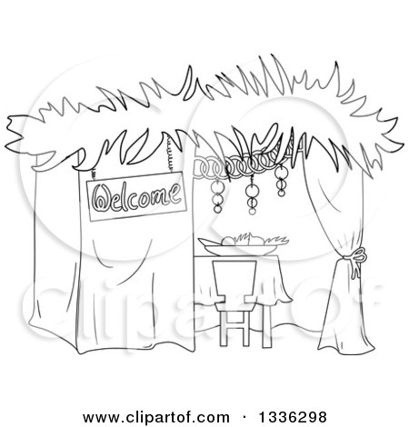 Black-and-white line drawing of a rustic welcome booth with hanging decorations, table, chair, and draped curtains.