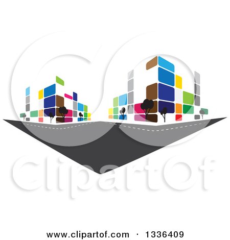 Two stylized cityscapes inside heart-shaped bubbles connected by a road, symbolizing urban connection and sustainable development.
