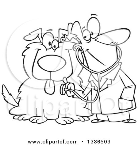 Cartoon veterinarian using stethoscope to examine a happy dog.