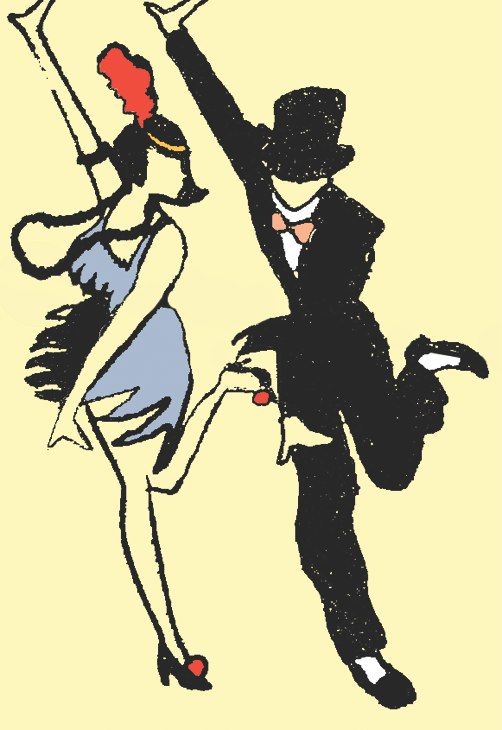 Vintage-style illustration of a man in a top hat and woman in a flapper dress dancing energetically.